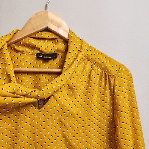 Dalia Polka Dot Tie Neck Long Sleeve Blouse Yellow Size Small - Picture 3 of 7